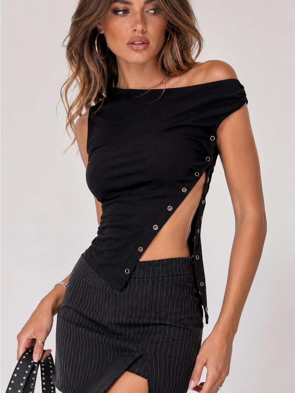 Princess Polly Black Off-Shoulder Eyelet Side-Slit Crop Top
